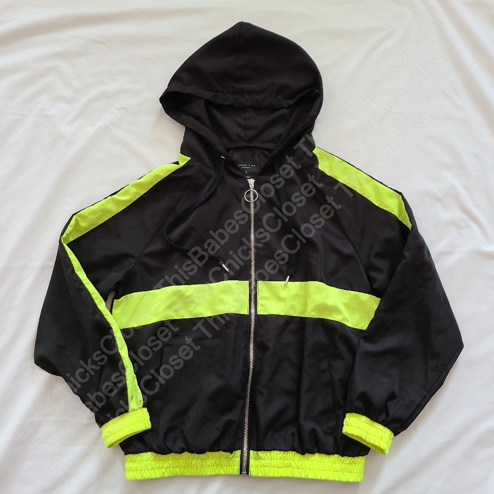❤️VGUC Angel Kiss Black/Neon Yellow Colorblock Hooded Windbreaker Track Jacket S